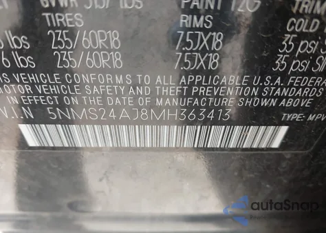 2021 Hyundai Santa Fe Sel z USA, uszkodzony, nr VIN 5NMS24AJ8MH363413